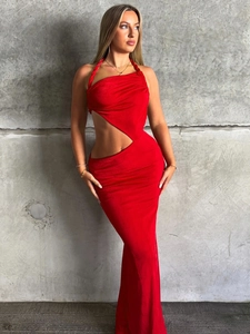 Red Halter Neck Maxi Dress Polyester Spandex Backless Cut Out Ruched Bodycon Evening Party Slim Fit Sexy