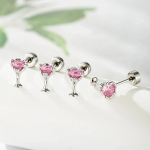 Titanium Steel Copper Pink Heart Zircon Goblet Cartilage Piercing Earring Stud Martini Glass Shape Screw Back Jewelry