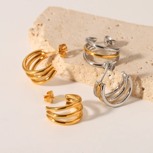 18k gold-plated stainless steel triple hoop earrings in gold and silver dual-tone finish