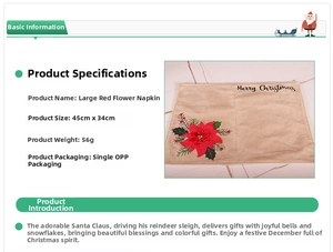 Close-up of faux linen Christmas placemat with red poinsettia and Merry Christmas text