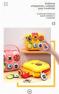 Detail of pink and yellow silicone DIY kids handbag with removable cartoon charms