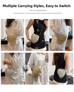 Detailed views of heart-shaped tassel evening bags in gold and silver metal finishes