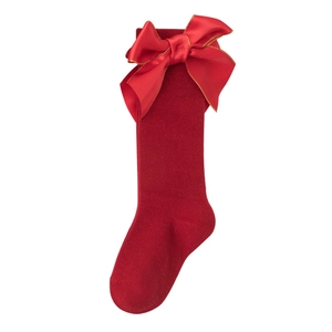 Chaussettes montantes rouges pour filles avec grand nœud en satin et doré