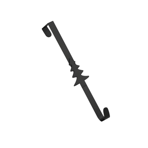 Detail shot of a black metal over-the-door hook featuring a festive Christmas tree design