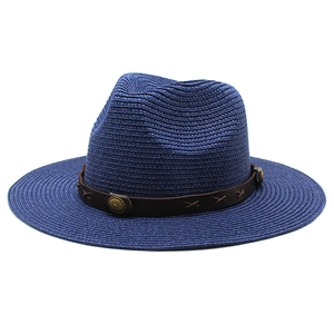 Chapeau Panama classique bleu foncé à larges bords avec ceinture décorative en cuir