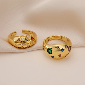 Vintage Geometric Open Ring Copper Gold Plated With Colorful Zircon For Women Luxury Adjustable Finger Jewelry