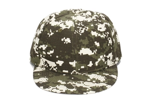 Detail of digital camouflage pattern and texture on a flat brim snapback baseball cap