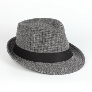 Neutral fedora jazz hat with black and gray woven texture and ribbon decoration
