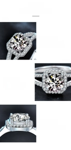 Detailed views of moissanite ring showing 4-prong halo setting and fine polished band