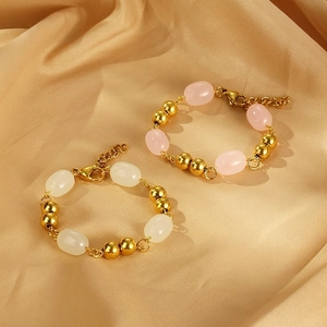 Retro Gold Bead Bracelet With Oval Resin Beads Stainless Steel Simple Geometric Jewelry For Women Adjustable