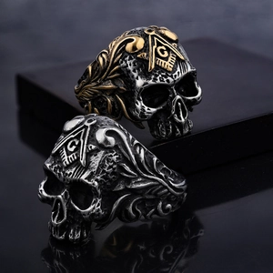 Gothic skull rings with Masonic symbols in vintage stainless steel and gold finish