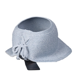Light blue knit visor hat with open top and decorative bow for summer sun protection