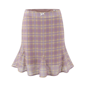 Purple and yellow plaid skirt set with backless top and fishtail hem detail
