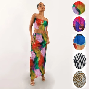 Women Pleated Abstract Print Crop Top And High Waist Maxi Skirt Plisse Summer Vacation Outfit Elegant Clubwear