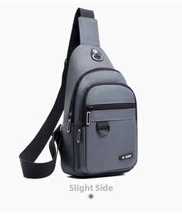 Detailed side view of water-resistant oxford fabric chest bag with earphone port