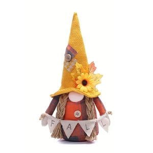 Détail d'un gnome de récolte tenant une bannière FALL avec bonnet jaune et chemise