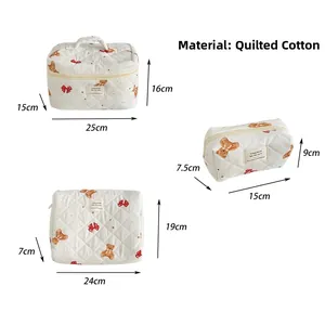 Detailed dimensions for the quilted cotton teddy bear and red bow cosmetic bag trio