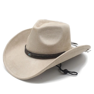 Beige suede western cowboy hat with woven leather band and turquoise accent on white background