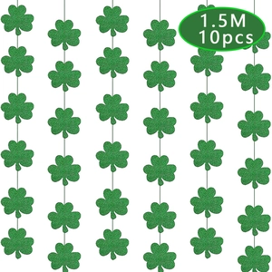 1.5m St. Patrick's Day green glitter shamrock garland decorations, 10pcs pack
