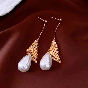 Elegant 18k gold-plated drop earrings with triangle mesh and large white teardrop pearl