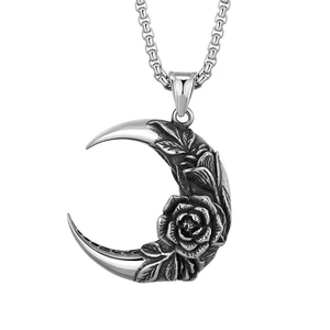 Gothic silver moon and rose necklace pendant with vintage relief on a box chain