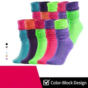 Neon Contrast Color Slouch Socks For Women Men Warm Polyester Brushed Bubble Ribbed Knit Socks Streetwear Fashion Hosiery