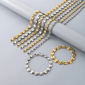 Classic gold and silver stainless steel coffee bean link necklaces and bracelets set