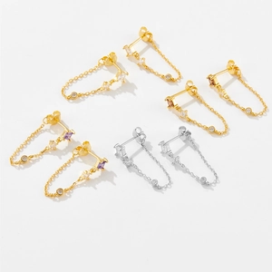 Detailed close-up of s925 silver tassel chain earrings with purple and clear zircons