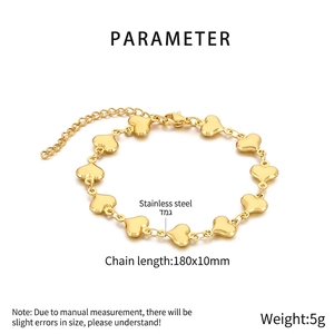 Detailed view of golden stainless steel heart link bracelet with dimensions and weight
