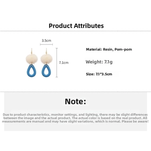 Blue resin teardrop earrings with white fur balls, size 7.1x3.5cm for autumn style