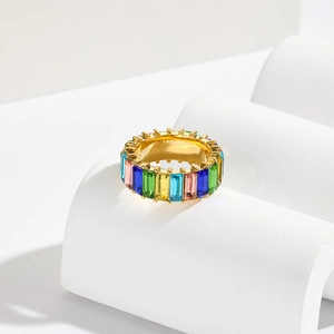 Chic gold plated ring with vibrant rainbow baguette cubic zirconia in a geometric setting