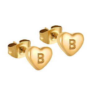 Golden 18K stainless steel heart stud earrings with engraved letter B on white background