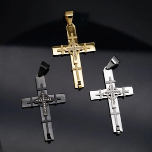 Cross Pendant Necklace Stainless Steel Double Layered Frosted Rhinestone Hip Hop Jewelry For Men Women