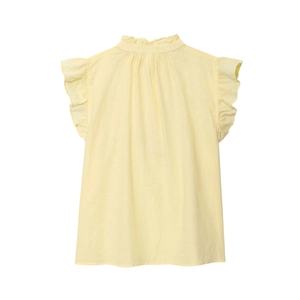 Détail d'un haut sans manches jaune clair en coton avec col montant à volants et textures