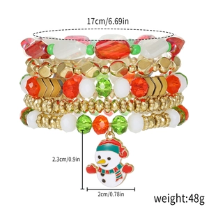 Christmas multilayer beaded bracelet with green and red crystal beads and snowman charm