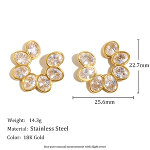 18K Gold plated stainless steel flower stud earrings with oval cubic zirconia stones
