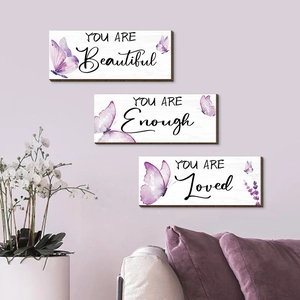 Three-piece butterfly wooden wall art set with lavender flowers and inspirational quotes