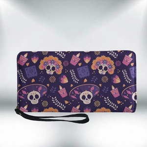 Purple long wallet with Day of the Dead sugar skull pattern and black wrist strap