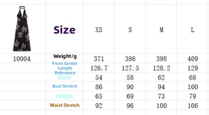 Detailed size guide table for the mesh print halter neck bodycon sleeveless maxi dress