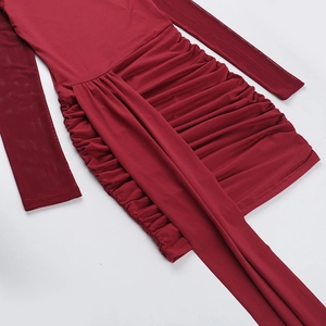 Detail of burgundy ruched bodycon dress with mesh sleeves and long ribbon ties