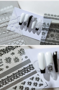 Detailed macro view of 3D rose and lace patterns on thin adhesive nail art stickers