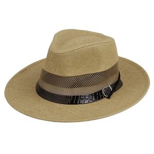 Khaki straw sun hat with breathable mesh vents and a brown leather belt buckle strap