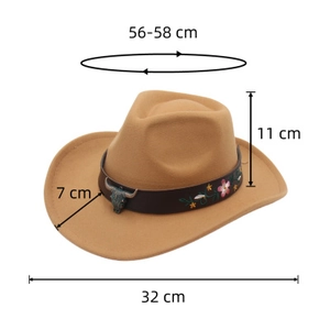 Dimensions détaillées du chapeau de cowboy camel avec tête de bœuf et broderie fleurie