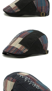 Détails de la casquette patchwork vintage avec boucles latérales et coutures ondulées