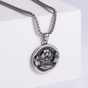 Retro stainless steel No Pain No Gain lifting bear pendant necklace with box chain
