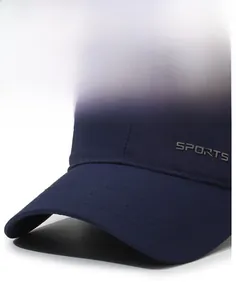 Detail shot of navy blue baseball cap showing firm brim and SPORTS embroidery logo