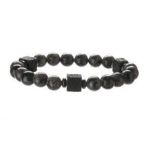 Natural malachite and tiger eye beaded bracelet with dark grey stone and volcanic rock