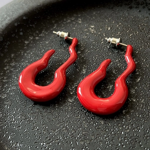 Irregular Wave Stud Earrings With Silver Earring Post Alloy Red Enamel Vintage Minimalist Hollow Niche Jewelry Women