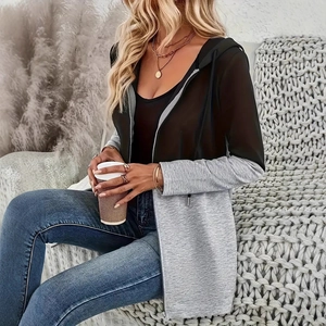 Felpa con cappuccio e zip bicolore casual con pannelli a contrasto neri e grigio melange