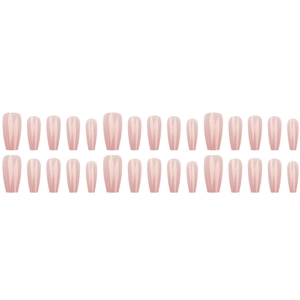 Glossy nude pink press-on nails in long coffin shape displayed in a set of 24 pieces